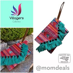 Ethnic Boho Large Clutch Suede Wristlet Bag Handmade Embroidery Tassels Indi NEW